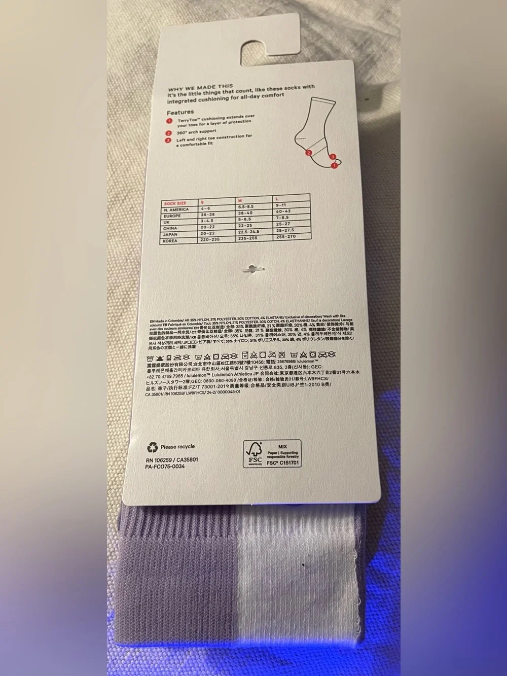 lululemon athletica Two-Tone Lavender and White Ribbed Crew Socks